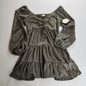 Altar'd State Olive Green Shimmer Tiered Mini Dress Large Boho Cottage Milkmaid